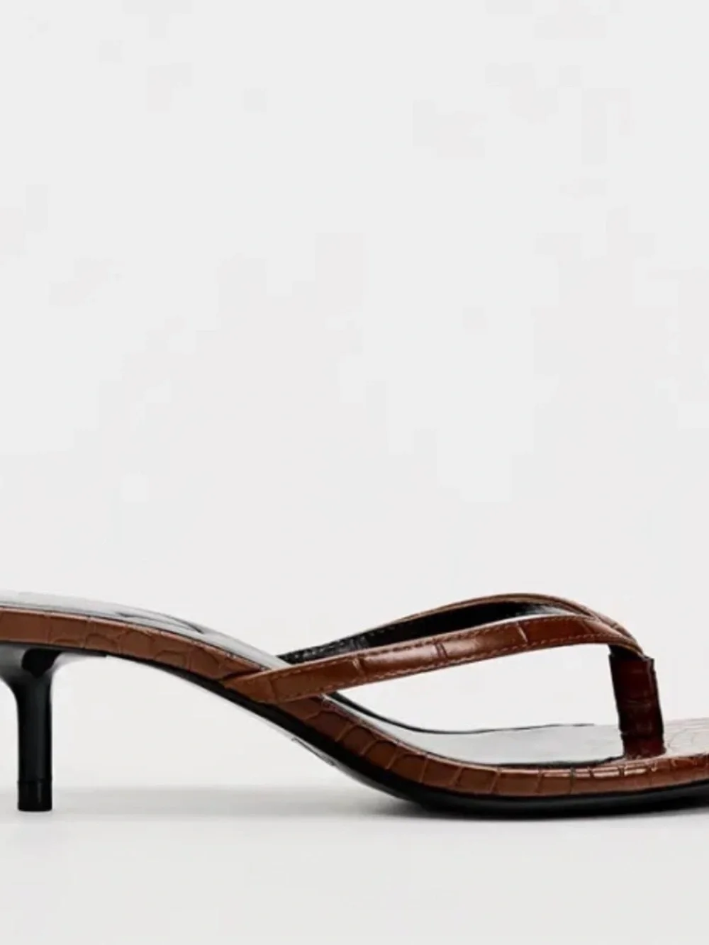 Zara Brown Croc-Embossed Square-Toe Thong Kitten Heel Sandal 38 - Picture 3 of 7